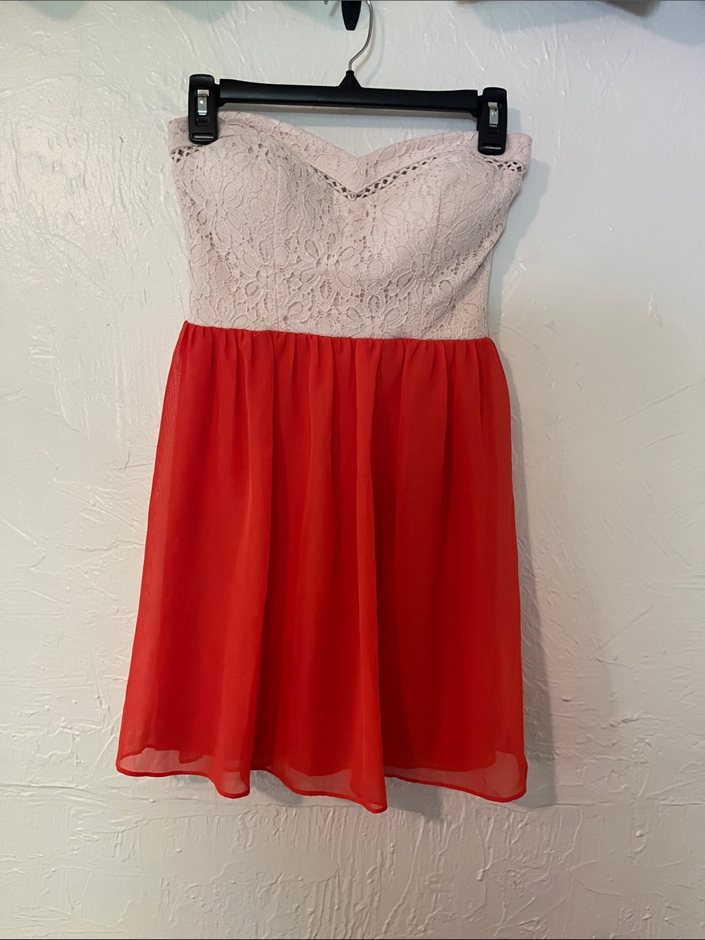 City Triangles Strapless Lace Bodice Coral-Red Dress